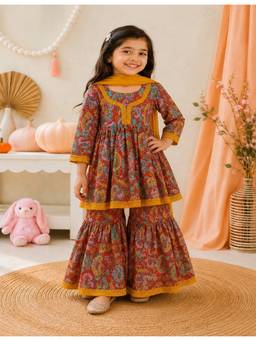 Rangi Saga - Girls Red Paisley Kurta With Sharara And Dupatta ( Of 3)