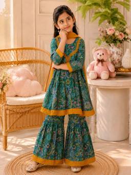Rangi Saga - Girls Green Paisley Kurta With Sharara And Dupatta ( Of 3)