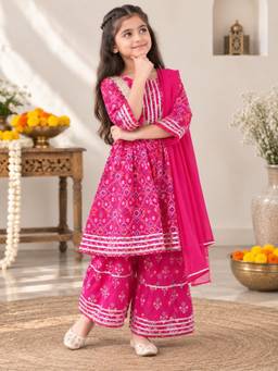 Rangi Saga - Girls Pink Patola Kurta With Sharara And Dupatta ( Of 3)