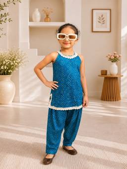Rangi Saga - Girls Teal Blue Bandhej Silk Halter Kurti And Salwar