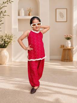 Rangi Saga - Girls Rani Pink Bandhej Silk Halter Kurti And Salwar