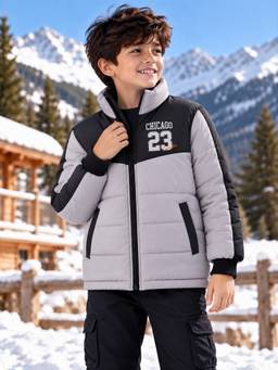 Trampoline - Boys Woven Colour Block Winter Puffer Jacket - Grey And Black