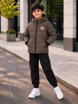 Trampoline - Boys Woven Full Sleeves Solid Hooded Puffer Jacket - Brown
