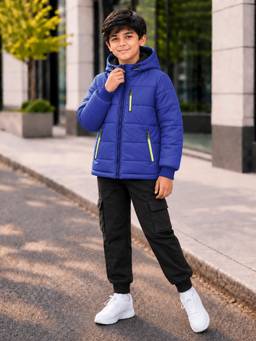 Trampoline - Boys Woven Full Sleeves Solid Hooded Puffer Jacket - Blue