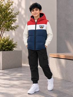 Trampoline - Boys Sleeveless Colour Block Hooded Puffer Jacket - Multi-Colour