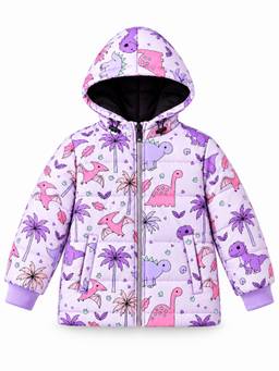 Trampoline - Woven Full Sleeves Dinosaur Printed Hooded Puffer Jacket - Purple