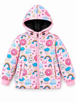 Trampoline - Woven Rainbow Donut Cat Printed Hooded Puffer Jacket - Light Pink