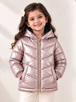 Trampoline - Girls Woven Metallic Rose Gold Hooded Puffer Jacket