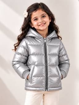 Trampoline - Girls Woven Metallic Silver Hooded Puffer Jacket