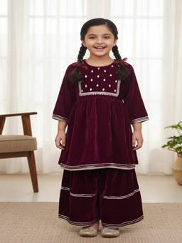 Rangi Saga - Girls Wine Mirror Work Velvet Kurti And Sharara