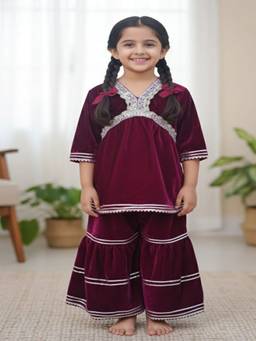 Rangi Saga - Girls Wine Alia Cut Velvet Kurti With Sharara