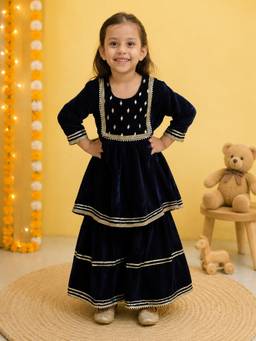 Rangi Saga - Girls Blue Mirror Work Velvet Kurti And Sharara