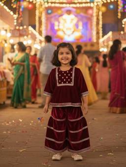 Rangi Saga - Girls Maroon Mirror Work Velvet Kurti And Sharara