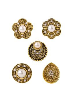 Yellow Chimes - Women Set of 5 Oxidised Gold Pearl Studded Ring