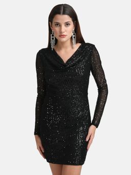 Kazo - Black Sequin Cowl Neck Mini Dress