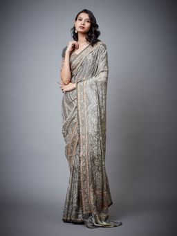 RI.Ritu Kumar - Grey and Beige Dress Jamawar Printed Saree With Unstitched Blouse