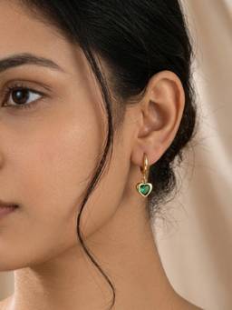 RACHIVA - 18K Gold Plated Emerald Cz Heart Charm Hoop Earrings