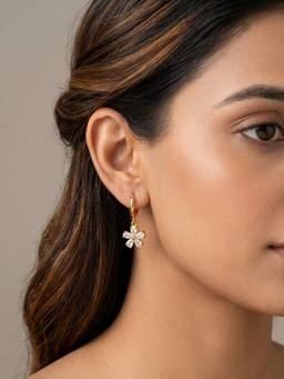 RACHIVA - 18K Gold Plated Six Petal Cz Flower Charm Hoop Earrings