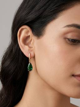RACHIVA - 18K Gold Plated Pave Cz Emerald Teardrop Hoop Earrings