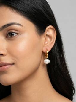 RACHIVA - 18K Gold Plated Baroque Pearl Drop Hoop Earrings