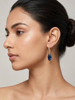 RACHIVA - 18K Gold Plated Pave Cz Sapphire Teardrop Hoop Earrings
