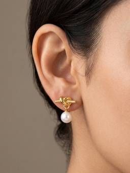 RACHIVA - 18K Gold Plated Knot Stud Pearl Drop Earrings