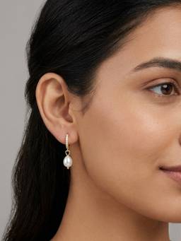 RACHIVA - 18K Gold Plated Cz Pave Hoop Pearl Drop Earrings