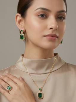 RACHIVA - 18K Gold Plated Emerald Halo Jewellery Set