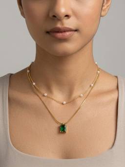 RACHIVA - 18K Gold Plated Layered Pearl and Emerald Necklace