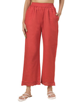 Bottoms.Love - Women Cherry Red Regular Fit Linen Solid Lace Work Palazzo