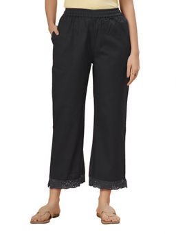 Bottoms.Love - Women Charcoal Regular Fit Linen Solid Lace Work Palazzo