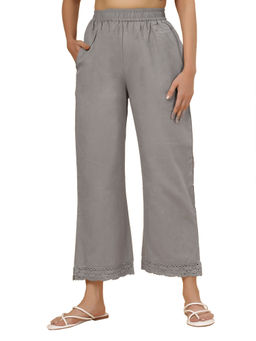 Bottoms.Love - Women Grey Regular Fit Linen Solid Lace Work Palazzo