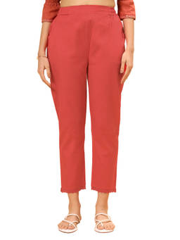 Bottoms.Love - Women Red Regular Fit Linen Solid Lace Work Pant