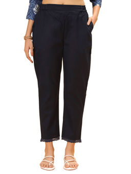 Bottoms.Love - Women Navy Blue Regular Fit Linen Solid Lace Work Pant