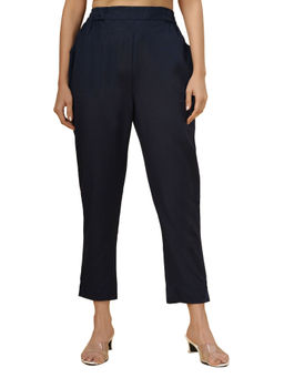 Bottoms.Love - Women Navy Blue Regular Fit Linen Solid Pant
