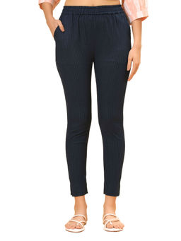 Bottoms.Love - Women Navy Blue Ribbed Solid Cigarette Pant