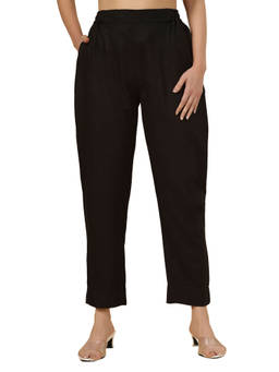 Bottoms.Love - Women Black Regular Fit Solid Slub Pant