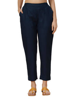 Bottoms.Love - Women Navy Blue Regular Fit Solid Slub Pant