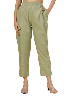 Bottoms.Love - Women Olive Regular Fit Solid Slub Pant