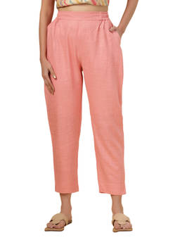 Bottoms.Love - Women Peach Regular Fit Solid Slub Pant