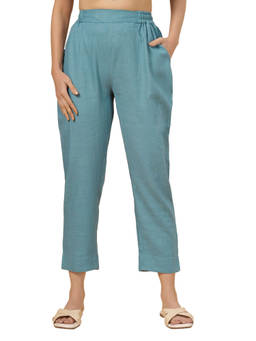 Bottoms.Love - Women Blue Regular Fit Solid Slub Pant
