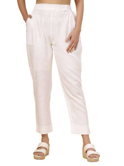 Bottoms.Love - Women White Regular Fit Solid Slub Pant
