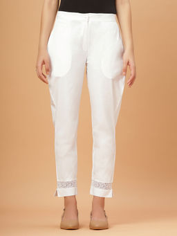 Bottoms.Love - Women White Regular Fit Pure Cotton Solid Lace Pant