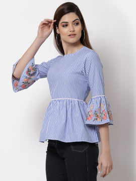 Buy Style Quotient Blue Striped Peplum Top online