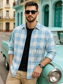 Bewakoof - Men's Blue Stay Wild Checked Oversized Shirt