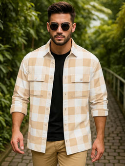 Bewakoof - Men's Beige Checked Oversized Shirt