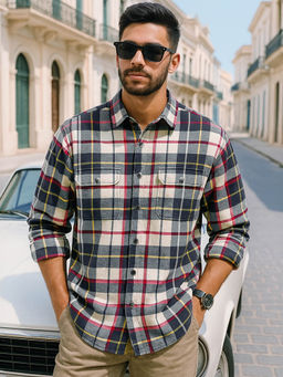 Bewakoof - Men's Beige & Blue Checked Oversized Shirt