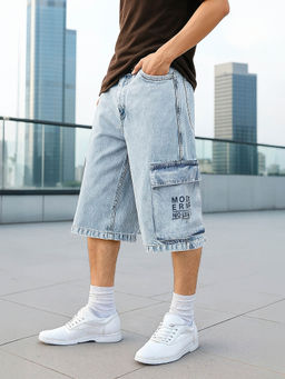 Bewakoof - Men's Light Blue Washed Baggy Fit Cargo Shorts