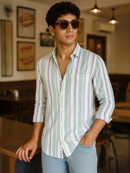 Bewakoof - Men's White & Green Striped Shirt