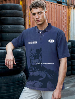 Bewakoof - Heavy Duty 1.0 DC Men's Blue Batman Graphic Printed Oversized Acid Wash Polo T-shirt